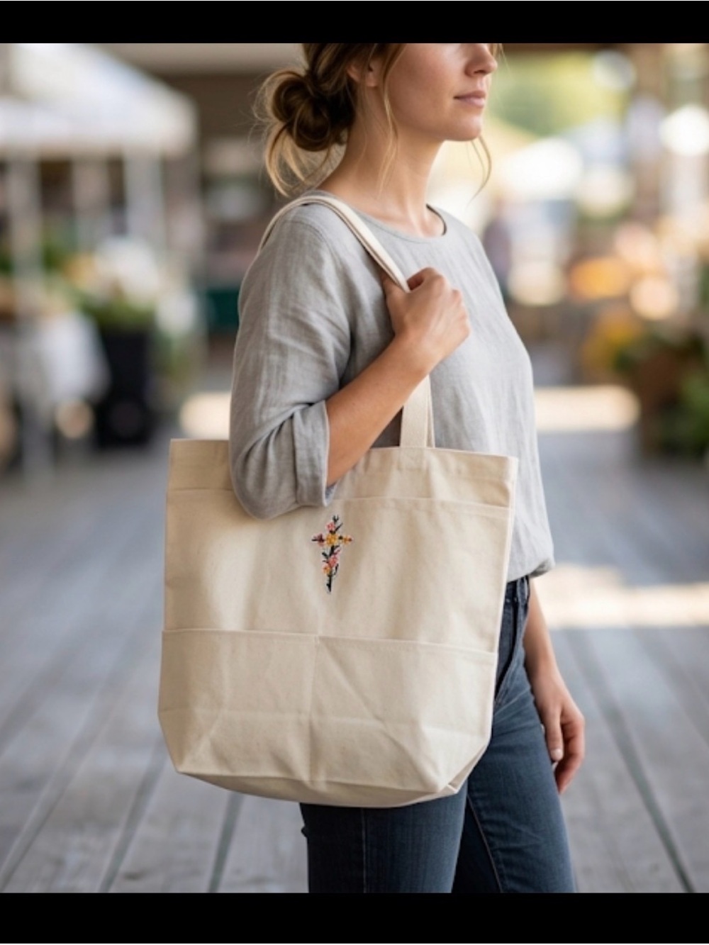 Embroidered Canvas Tote Bag Large Market Book Tote Pockets Floral Cross Faith